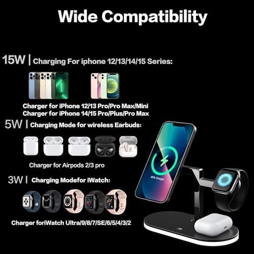 Experience the Future of Charging with the UD 3-in-1 Mag-Safe Fast Charging Station for Apple Devices – Ultimate Power Hub for i Phone 15/14/13/12, Apple Watch Series 1-9/Ultra, and Air Pods Pro – Sleek Design, Rapid Charging, and Enhanced Device Compatibility for a Clutter-Free Experience.