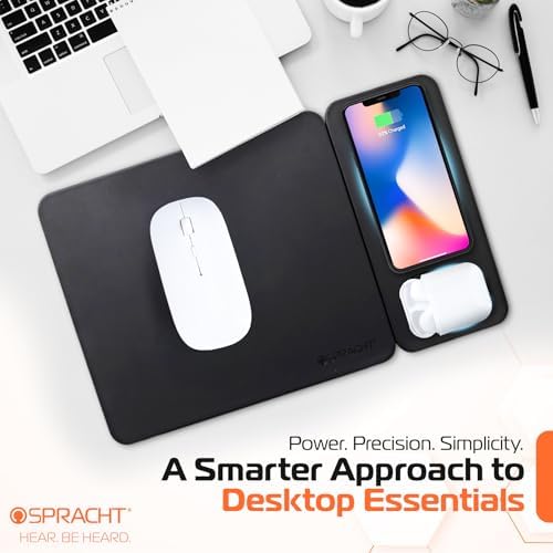 Magnetic Wireless Charging Mouse Pad by Spracht – 15 W Dual Charging for Smartphones & Earbuds – Premium Smooth Tracking Surface – Quick Qualcomm QC3 Technology – Perfect Magnetic Alignment for Optimal Charging – Sleek Workspace Design to Enhance Productivity and Minimize Clutter