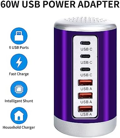 Power Up in Style: Universal 6-Port USB Charging Hub with Smart Identification Technology for i Phone, i Pad, and More – Compact, Fast Charging Station in Elegant Purple Finish for Home and Office Use