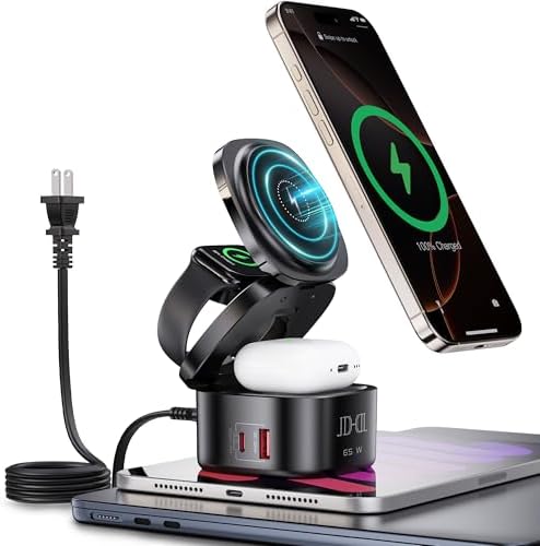 Multi-Device 65 W Fast Charging Station: 5-in-1 Magnetic Wireless Dock for i Phone, Mac Book, Air Pods, Apple Watch, and i Pad – Compact, Foldable, and Efficient Charging Solution for Ultimate Device Organization