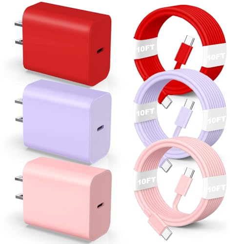 10 ft USB C Fast Charging Cable for i Phone 16 & 15 – 60 W Power Delivery, 3-Pack with Enhanced Compatibility for i Pad Pro, Mac Book Air, Samsung Devices – Vibrant Red, Purple, Pink Options for Stylish Connectivity and Optimal Performance