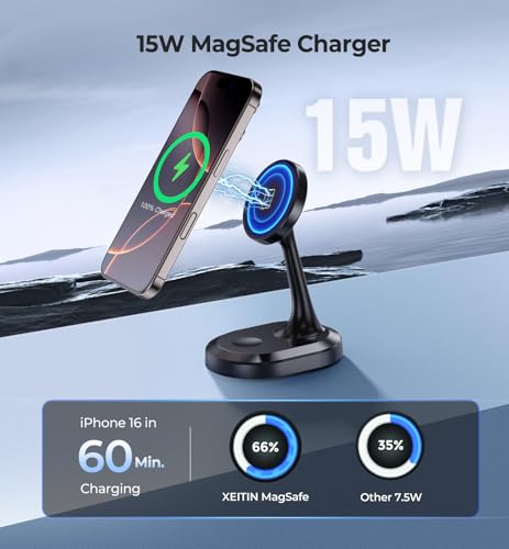 Revolutionary 3-in-1 Magnetic Wireless Charging Station for Apple Devices – 15 W Fast Mag-Safe Charger Stand for i Phone 16, 15, 14, 13, 12 Pro/Pro Max/Plus/Mini, Air Pods Pro/2/3, and i Watch Series – Ultimate Charging Efficiency with Enhanced Compatibility and Cooling Technology – Quick 0-100% Charge in 2 Hours – Secure Magnetic Hold with 22 N55 Magnets – Smart Chip Protection for Optimal Battery Health – Ideal for Apple Enthusiasts Seeking Simplicity and Convenience – Includes Type-C Quick Charge Cable and User Manual – Backed by 365-Day Warranty for Peace of Mind