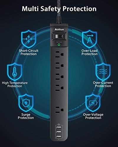 Dual Pack Surge Protector Power Strip with 5 Spacious Outlets and 3 Fast USB Ports – 1875 W/15 A Capacity for Home Office Efficiency, 6 Ft Durable Braided Cord, Smart Overload Protection, Wall Mountable Flat Plug Design for Optimal Space Utilization and Device Safety