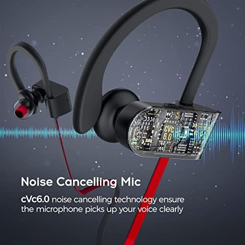 Ultimate Sport Bluetooth Earbuds with CVC 6.0 Noise Cancellation – 16-Hour Deep Bass Playtime, IPX7 Waterproof Design, and Secure Fit Ear Hooks for Unmatched Performance in Bold Red, Perfect for Active Lifestyles