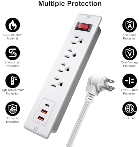 Recessed 20 W PD USB C Power Strip – Ultra-Fast Charging Station with 4 Outlets & 3 USB Ports for Desks & Countertops – ETL Listed Mountable Flat Plug Power Socket for Efficient Workspace Organization and Enhanced Device Compatibility
