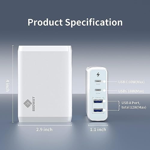 Ultra-Fast 4-Port USB Charger by EGOWAY – 90 W Compact Wall Charger with Dual 60 W & 18 W USB-C Ports Plus 12 W USB-A for i Phone 15/14 Pro Max, Galaxy, and More – Efficient Power Delivery & Travel-Friendly Design – Tidy Desktop with 360° Rotatable Trestle