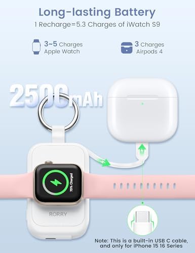 Compact RORRY 2500 m Ah Portable Charger for Apple Watch – Fast Charging Power Bank with Built-in USB-C Cable, Ideal Travel Companion for Series 10, 9, 8, 7, 6, 5, Ultra 2, and SE, Stylish Pink Design for On-the-Go Charging and Enhanced Device Compatibility