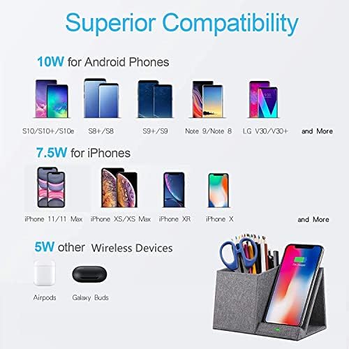 COSOOS Premium Fast Wireless Charger & Desk Organizer – Streamlined Charging Station for i Phone 15/15 Pro/15 Pro Max/14/13/12/11/XS/8 Plus & Samsung Galaxy S21/S20+/S10/Note 10/Note 9 (AC Adapter Not Included) – Ultimate Workspace Efficiency & Speed Enhancement Elevate your charging experience with the COSOOS Premium Fast Wireless Charger, expertly crafted to streamline your workspace while ensuring rapid power delivery to a wide range of smartphones. This innovative charging station is perfect for tech-savvy individuals seeking a blend of functionality and style, accommodating i Phone models 8 Plus through 15 Pro Max and popular Samsung Galaxy variants. Designed with an integrated desk organizer, this sleek charger keeps your essential items like pens and notes within reach, promoting a tidy and efficient workspace. Its compact dimensions fit effortlessly on any desk, providing a clutter-free aesthetic. While the AC adapter is not included, this charger performs optimally with your existing accessories, making it a versatile addition to your setup. Built from high-quality materials for durability and easy maintenance, the COSOOS Fast Wireless Charger enhances productivity and elevates your workspace aesthetics, ensuring you’re always ready to power up without the hassle of tangled cords.