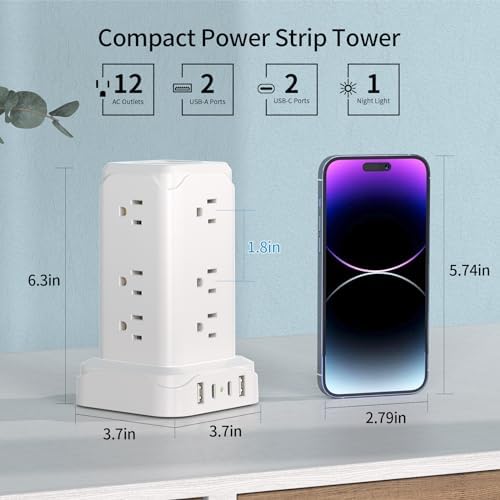 Transform Your Charging Setup with the PD20 W USB C Power Strip Tower – 6 Feet Surge Protector with 4 Fast-Charging USB Ports and Built-in Night Light, Perfect for Home, Office, or Dorm Room, Featuring a Compact Design with Thin Flat Plug for Ultimate Space Efficiency and Enhanced Device Safety