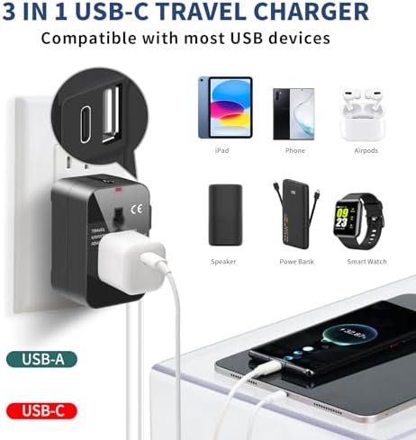Revolutionary Worldwide Travel Adapter – Compact All-in-One Power Converter with PD 3.0 USB-C and USB-A Fast Charging for Effortless International Connectivity – Ideal Travel Essential for Phones and Laptops Across USA, EU, UK, AUS and Beyond