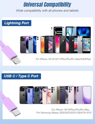 Versatile 3-in-1 i Phone Charger Cable – 6 FT USB C to Lightning with Triple Port Compatibility for i Phone 16/15/14/13/12/11 Pro Max/XS/XR/8 & i Pad Pro/Mini – Fast Charging Solution (2-Pack, Black) for Effortless Multi-Device Power Management