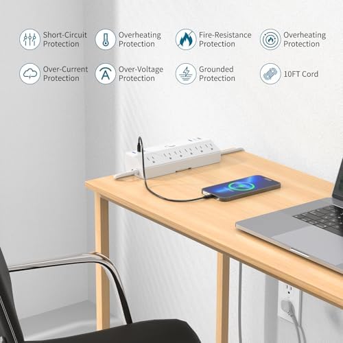 Maximize Your Workspace Efficiency with the JXGUCAT 40 W Fast Charging Desk Clamp Power Strip – 6 AC Outlets & 2 USB-C Ports, 10 ft Cord, Ideal for Home Office Surge Protection, Fits 1.8″ Tabletop Edges, Removable Mount for Effortless Setup