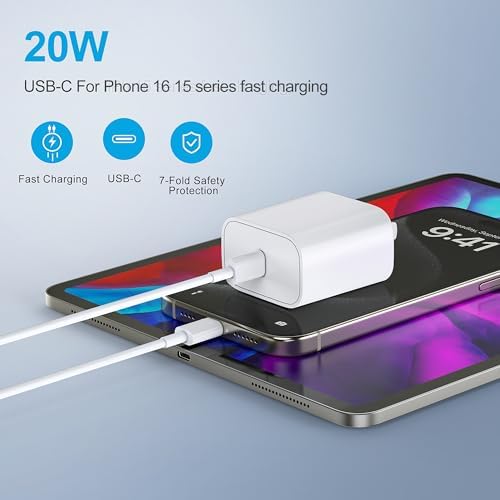 Premium Dual-Pack 20 W USB-C Fast Charger with 10 FT Cables for i Phone 16/15 & i Pad – Ultimate Power Solution for On-the-Go Charging – Extensive Compatibility & Enhanced Safety Features – Ideal for Home, Office, and Travel Use