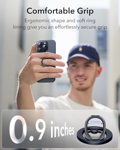 Magnetic Phone Ring Holder with 2-Way Adjustable Stand for i Phone and Galaxy – ESR Halo Lock Grip for Enhanced Stability, Secure Comfort, and Effortless Wireless Charging – Premium Zinc-Alloy Design, 1,200 g Magnetic Hold, Versatile Portrait/Landscape Viewing – Ideal for Caseless Phones and Mag Safe Cases – Black Finish for Modern Aesthetics