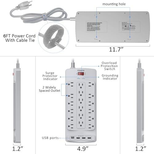 Maximize Your Power Supply with the 18-Outlet Surge Protector Power Strip – 6 Feet Heavy-Duty Extension Cord Featuring 4 Fast USB Ports, 2100 Joules of Surge Protection, and ETL Certification for Ultimate Safety and Compatibility