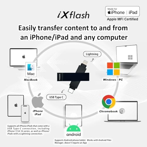 256 GB i Xflash USB Type C & Lightning Photo Backup Stick – Apple MFi Certified Storage Solution for i Phone & i Pad – Effortless Photo and File Transfer with High-Speed Performance – Ultimate Dual Compatibility for Travelers and Photographers
