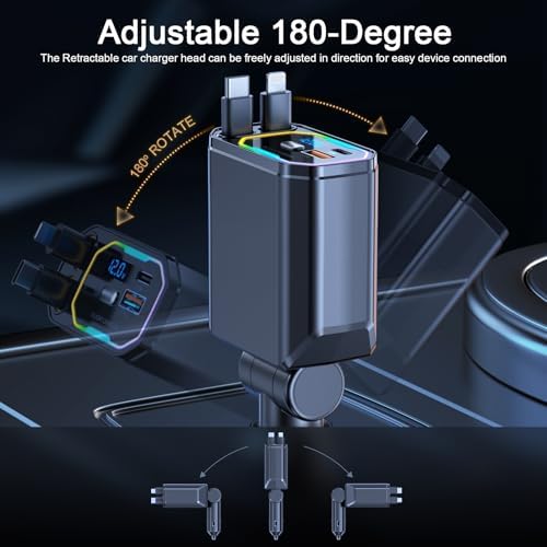 Revolutionary 4-in-1 Retractable Car Charger – 146 W Fast Charging Solution with PD 65 W & 30 W Outputs, 2.9 ft Tangle-Free Cord, RGB Light for Enhanced Visibility, Perfect Compatibility for i Phone 16/15/14/13/12, Android Devices & Laptops – Sleek Gray Design for Modern Vehicles