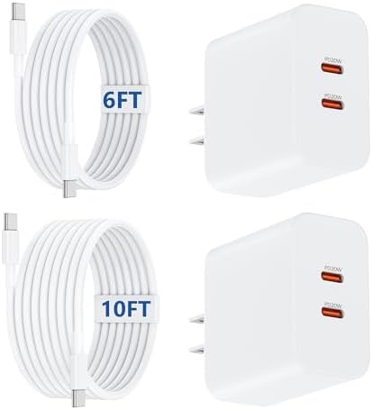 40 W Dual Port Fast Wall Charger with 6 FT & 10 FT USB-C Cables – Ultimate Rapid Charging Hub for i Phone 16, 15 Pro Max, i Pad Pro/Air & Samsung Devices – Compact, Safe Power Solution for Enhanced Mobility and Uninterrupted Use