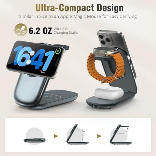 Ultimate 3-in-1 Foldable Wireless Charging Station for Apple Devices – Fast Max Charging for i Phone 16/15/14/13/12 Pro Max, Apple Watch Series 10-3 & Air Pods Pro/4/3 – Compact Travel Design with Smart Protection Features for Effortless Device Management – Silent Operation for Undisturbed Environments – Includes 20 W PD Adapter & USB-C Cable – Perfect for Home or Office Use