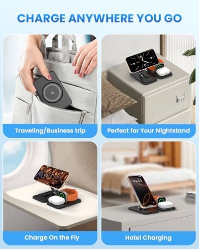 Magnetic Wireless Charging Station for i Phone 15/14/13/12 Pro Max & Apple Devices – Joy Geek 3-in-1 Fast Charger Pad for i Phone, Apple Watch Ultra 9-2, and Air Pods – Compact Design with Enhanced Compatibility and Secure Magnetic Alignment
