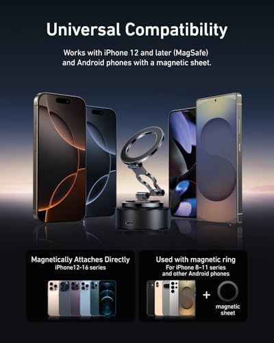 TELESIN Electric Magsafe Car Mount Vacuum Magnetic Car Phone Holder 105N 360° Reinforced Adjustable Swivel Lock, Suction Cup Phone Mount for Your Car/Gym/Mirror/iPhone & Android – Enhanced Compatibility and Speed