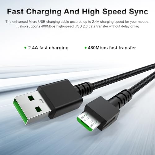 High-Speed Mouse Charging Cable for Razer Naga Pro, Viper Ultimate, Death Adder V2 Pro, and Basilisk Ultimate – 5.9 ft Micro USB Nylon Braided Cable for Enhanced Durability and Flexibility in Gaming Setup