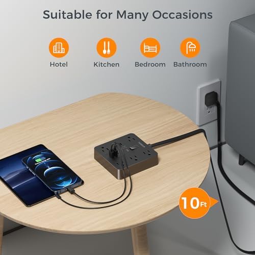 TESSAN 6-Outlet Black Surge Protector Power Strip with 3 USB Ports (1 USB-C) – 5 FT Flat Plug Extension Cord, 1700 Joules Surge Protection for Safe Charging in Home, Office & College Dorm – Compact and Versatile Multi-Device Charging Station