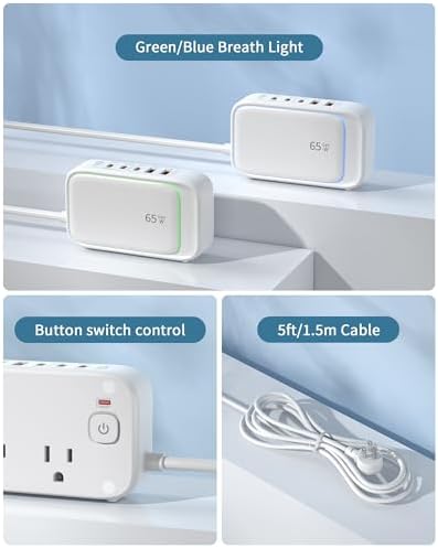 Effortless Power: 65 W USB Charging Station with Surge Protection – 5 FT Flat Extension Cord for Travel, Home, Office & School – Multi-Device Charging Hub for Fast, Safe Energy Delivery – Lightweight & Compact Design for Ultimate Portability