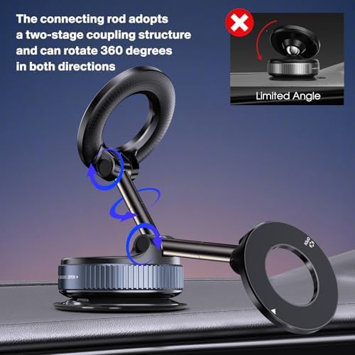 360° Rotatable Vacuum Magnetic Phone Holder, Foldable and Retractable Suction Cup Car Phone Mount for Car/Gym/Mirror/Smooth Surface, Compatible with iPhone Android and All Smartphones (Black) – Enhanced Compatibility and Speed