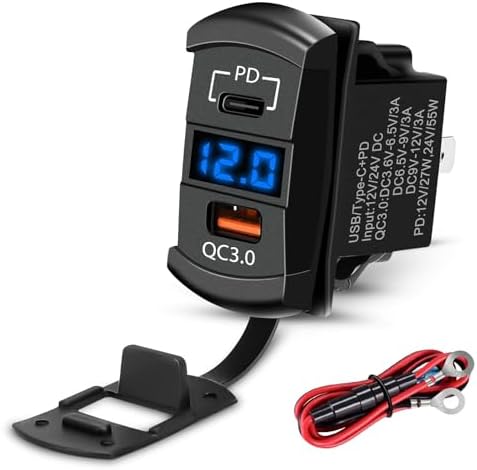 Linkstyle Dual USB Rocker Switch Charger – 36 W Quick Charge USB-A & 55 W Power Delivery USB-C Socket with LED Voltmeter for Car and Boat – Optimal Fast Charging for All Devices with Enhanced Durability and Real-Time Battery Monitoring