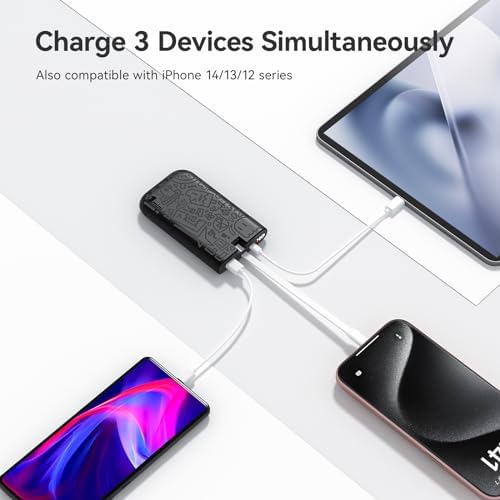 imuto Graffiti Style 20000 m Ah Portable Charger with Built-in Lightning Cable – 22.5 W Fast Charging Power Bank for i Phone, Samsung, i Pad, and All Smartphones – Essential Travel Accessory with LED Battery Display and Unique Design