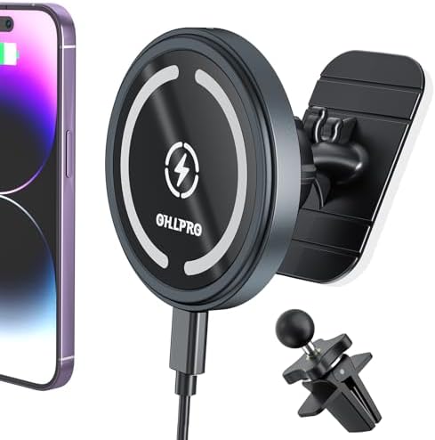 OHLPRO Mag Safe Car Charger Mount for i Phone 16/15/14/13 Pro Max – 15 W Fast Charging Phone Holder with 360° Rotation, Secure Adhesive Base for Tesla and Other Vehicles, Ultimate Magnetic Car Accessory for Safe Driving and Hands-Free Navigation – Perfect Gift for Tech Enthusiasts and Road Warriors