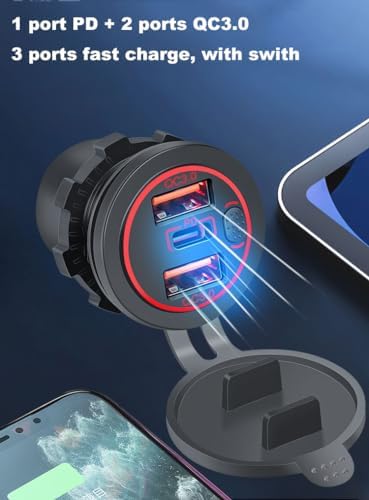 Ultimate 3-Port 18 W USB Car Charger – Quick Charge 3.0 & PD USB-C for Fast Device Charging in Cars, Motorcycles, Trucks & Boats – Dashboard Mount with Built-in Switch for Enhanced Safety and Control – Stylish Red Light Design for Modern Vehicles