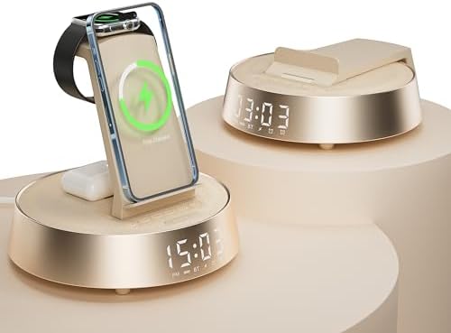 Revolutionize Your Nighttime Routine with the FREEFISH 7-in-1 Wireless Charging Station: Multi-Device Charger for i Phone 16-11 Pro Max, Apple Watch, and Air Pods Pro – Features Alarm Clock, Dimmable Night Light, and Bluetooth Speaker for Ultimate Convenience and Style