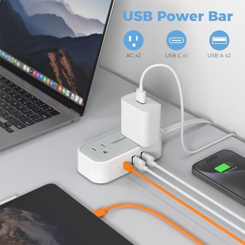 TESSAN 10 FT Flat Plug Extension Cord – Compact Power Strip with 3 Fast-Charging USB Ports (1 USB-C) & 2 AC Outlets – Ideal Multi-Device Charging Station for Dorm Rooms, Home Offices, and Cruise Travel – Sleek Gray Design for Space Efficiency and Modern Aesthetics