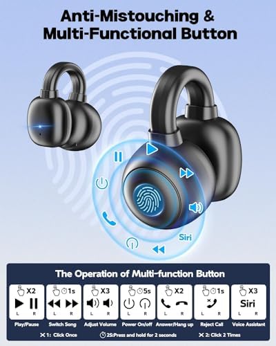 Premium Bluetooth 5.3 Clip-On Wireless Earbuds – Noise Cancelling Waterproof Headphones with 80-Hour Battery Life, 4 HD Mics for Crystal-Clear Calls, Perfect for Sports, Travel, and Office Use – Exceptional Comfort & Sound Quality for Android & i OS (Black)