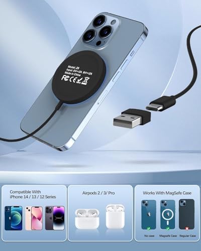 Magnetic Wireless Charger Duo – 15 W Fast Charging Pad with 20 W USB-C Adapter for i Phone 15/14/13/12 Pro/Max/Plus/Mini & Air Pods – Enhanced Mag-Safe Compatibility, 5 ft Charging Cable Included for Ultimate Convenience and Safety