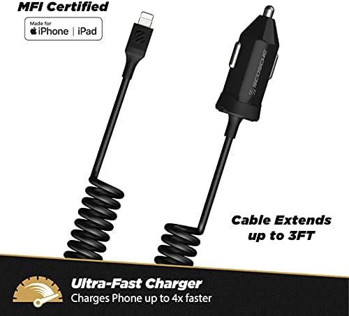 Scosche CPDC203 Power Volt 20 W Fast Car Charger with 3-Foot Adjustable Coiled Cable – Universal USB-C Compatibility, Power Delivery 3.0 for Rapid Charging of Smartphones, Tablets, and More – Compact and Efficient Travel Accessory