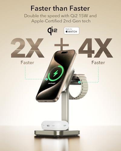 ESR Qi2 3-in-1 Wireless Charging Station – Fast 15 W Mag Safe Charger for i Phone 16/15/14/13, Certified Apple Watch & Air Pods Charger, Sleek White Design for Home or Office – Ultimate Multi-Device Charging Solution with Enhanced Compatibility and Speed