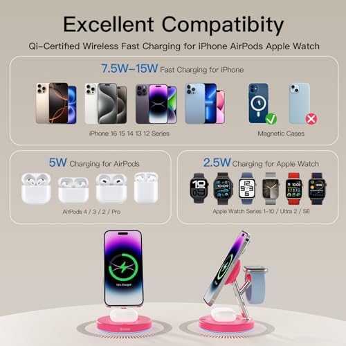 2025 Premium 3-in-1 Wireless Charging Station for i Phone 16, 15, 14, 13, 12 – Mag-Safe Compatible Charger Stand for Air Pods and i Watch – Fast, Efficient Power Hub with Sleek Design and Overcharge Protection for Home or Travel