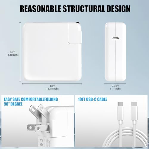 Experience lightning-fast charging with the 96 W USB-C Power Adapter for Mac Book Pro – includes a premium 10 FT cable for unmatched convenience. Optimized for Mac Book Pro and Air models from 2016 to 2024, this high-efficiency charger delivers rapid power to your devices, including i Pad Pro and USB-C smartphones. Featuring advanced Power Delivery (PD) technology, it intelligently adjusts to charge at full capacity, outperforming 61 W and 87 W alternatives. Achieve an impressive 50% charge on your Mac Book Pro 14-inch in just 30 minutes, and completely recharge your 16-inch model in only 1 hour and 35 minutes. Its robust 3 M cable ensures flexibility and durability, while multiple safety features protect your devices from over-current and voltage spikes. Ideal for professionals and on-the-go users, this charger is compatible with a wide range of USB-C devices, making it your ultimate charging solution. Elevate your productivity with this powerful, reliable, and versatile charging system.