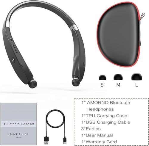 AMORNO Premium Retractable Bluetooth Neckband Headphones – Sweatproof Wireless Earbuds with Advanced Noise Cancellation & Integrated Microphone for Active Lifestyles – Superior Sound Quality & Broad Device Compatibility for Enhanced Listening Adventures