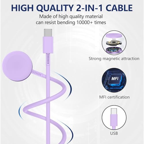 Premium 5 W Fast Charging USB C Cable for Apple Watch – 6 ft Magnetic Charger, MFi Certified, Compatible with Series SE2/8/7 & All Sizes 38 mm to 45 mm – Reliable & Efficient Power Solution for On-the-Go Users