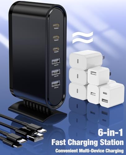 High-Power 96 W Multi-Device Charging Station – 6-Port USB-C Fast Charging Hub with 6 ft Cables for i Phone 16, 15 Pro Max, Samsung, Android & i Pad – Sleek Black Organizer for Home & Office Use – Rapid Charging Solution to Eliminate Cable Clutter