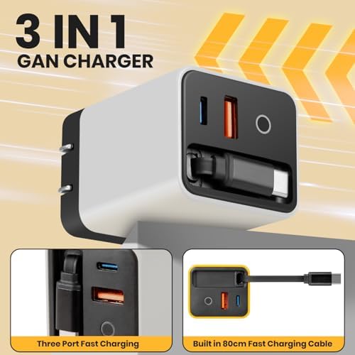 Ultimate 80 W Ga N Fast Charger Module: Versatile 3-in-1 Travel Charging Solution with Type-C Cable & Dual USB Ports for i Phone 15/14, Samsung Galaxy, Mac Book, and More – Compact & Stylish Yellow Power Hub for Maximum Device Compatibility and Speed Efficiency