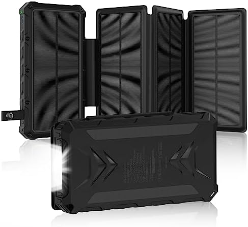 20000 m Ah Solar Power Bank: Ultimate Waterproof Portable Charger with Dual 3 A Fast Charging Outputs, 4 Efficient Solar Panels, and Built-in Flashlights for Outdoor Adventures, Camping, and On-the-Go Device Charging – Black Edition