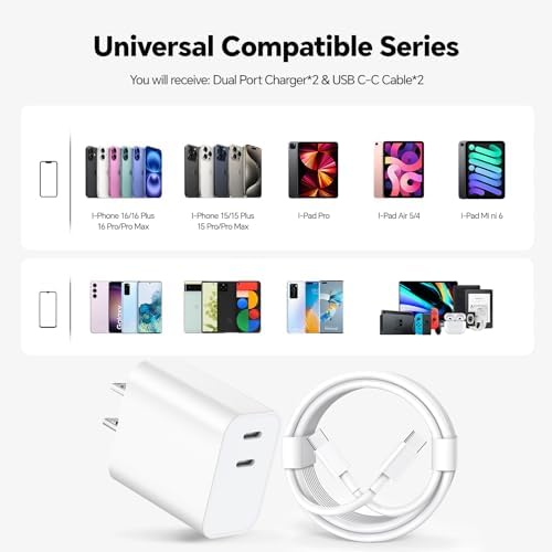 20 W Dual USB-C Fast Charger Block for i Phone 15/16 Series – Includes Two 10 FT USB-C Charging Cables, Perfect for Pro Max, Plus, Pro, i Pad Pro/Air – Compact, High-Speed Charging Solution (2 Pack, Black)