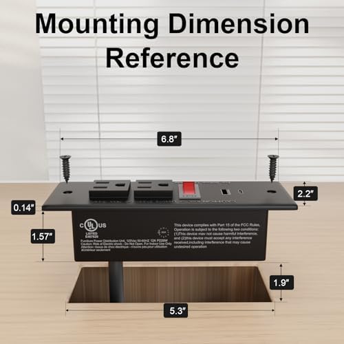 Recessed Drawer Power Strip Kit: Clutter-Free Charging Solution with PD 20 W Fast Charge, Dual USB Ports (Type A & C), and Dual 12 Amp AC Outlets – 7.2 FT Cord for Flexible Setup and Enhanced Workspace Efficiency