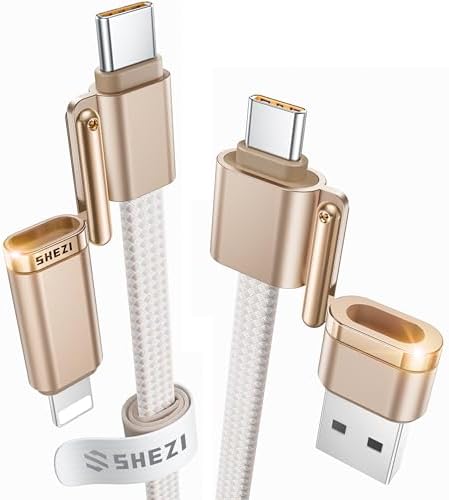 SHEZI 4-in-1 USB C to Lightning Charging Cable – 60 W Fast Charge & Data Sync for i Phone, i Pad, Samsung & Mac Book – 5 FT Multi-Device Travel Charger, Compatible with Apple Car Play & Android Auto, Durable White Design for Ultimate Versatility