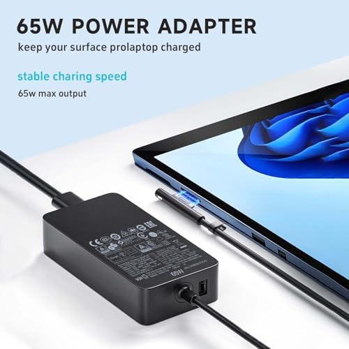 Premium 65 W Microsoft Surface Charger Replacement – Fast Charging AC Adapter for Surface Pro 3-9, Surface Laptop 1-5, Surface Go 1-3, and Surface Book 1-3 – Lightweight, Durable Power Supply for Enhanced Productivity and Seamless Performance